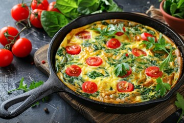 A fresh herb and spinach frittata served in a cast iron skillet, garnished with cherry tomatoes and parsley