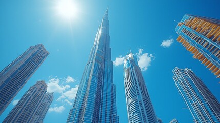 Low-angle view of skyscrapers under a bright sun.