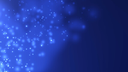 Soft blue shiny magic particles moving up. Smooth bokeh floating glowing dust on dark motion background.