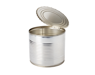 Realistic open tin can, isolated on a white transparent background, high-quality PNG cutout, ideal for branding, packaging, and digital mockups