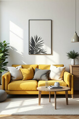 Bright and stylish Scandinavian living room interior with yellow sofa and artwork
