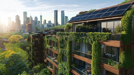 An innovative urban rooftop covered with greenery and designed for sustainable city living and relaxation.