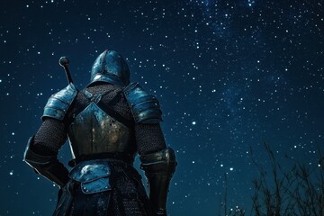 Fototapeta premium Knight gazing at a starry sky in a tranquil night setting