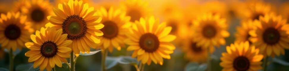 Fototapeta premium Softly glowing orange sunflowers with yellow petals and dark centers, watercolor, botanicals