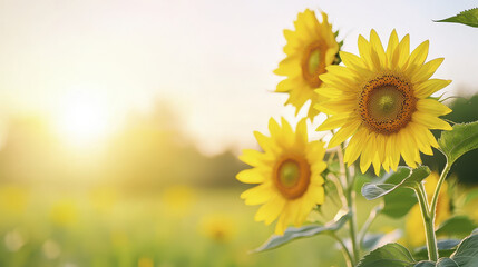 Bright sunflowers bloom in golden field, radiating warmth and joy as sun rises in background, creating serene atmosphere