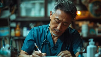 Video of a doctor in an office reviewing medical records creates a professional atmosphere, useful for medical and educational materials.
