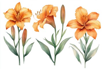 Fototapeta premium Beautiful Watercolor Illustration of an Orange Daylily Isolated on a White Background