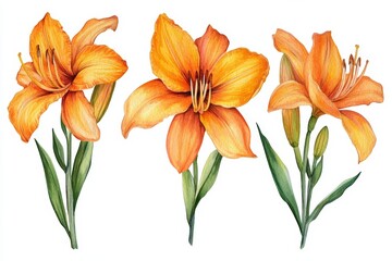 Beautiful Watercolor Orange Daylily Illustration Clipart Isolated on White Background