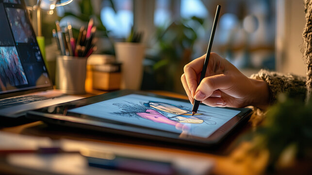 A modern female illustrator drawing on a digital tablet in stylish home studio