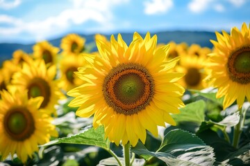 Fototapeta premium Bright and Beautiful Sunflowers in a Field Closeup During Harvest Season in Summer or Spring in a Natural Village Environment with Clean Lines and Vibrant Colors