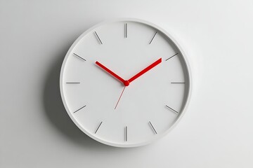 White clock with red hands indicates a time on a plain background, for planning