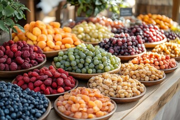 Colorful arrangement of dried fruit on a table with clean lines and creative presentation