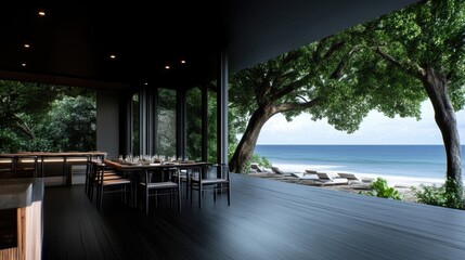 Obraz premium Coastal dining experience. Open-air restaurant with ocean views