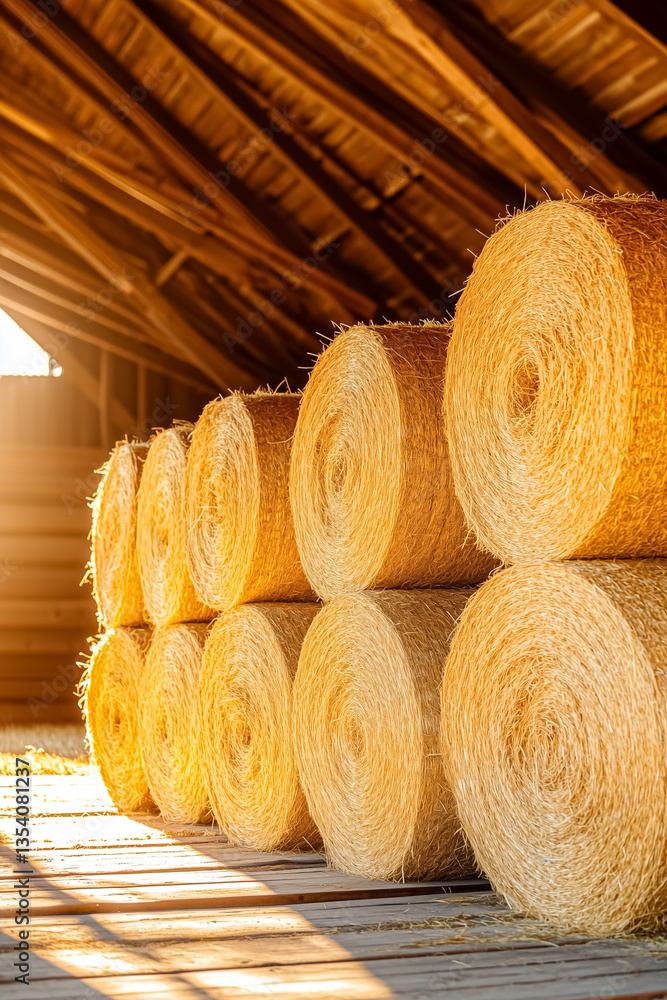 Poster straw bales stacked neatly in rustic barn illuminated by soft sunlight. warm tones create inviting a