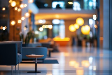 Blurry view of a corporate networking event featuring modern furniture and elegant lighting in a reception space