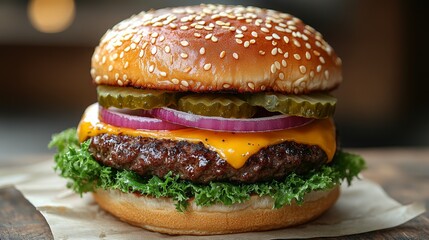 Delicious Classic Cheeseburger with Beef Patty and Toppings Isolated on White Background