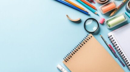 "Essential School Supplies on a Blue Background: Notebooks, Pens, Pencils, and More"