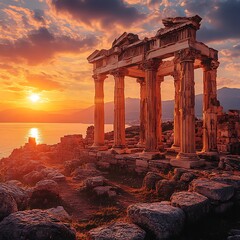 Obraz premium Stunning ruins of ancient Greek temple with sunset high resolution picture