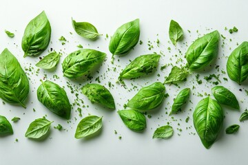 Obraz premium Fresh Green Basil Leaves Floating in Air on White Background with Clean Lines and Stylized Appearance