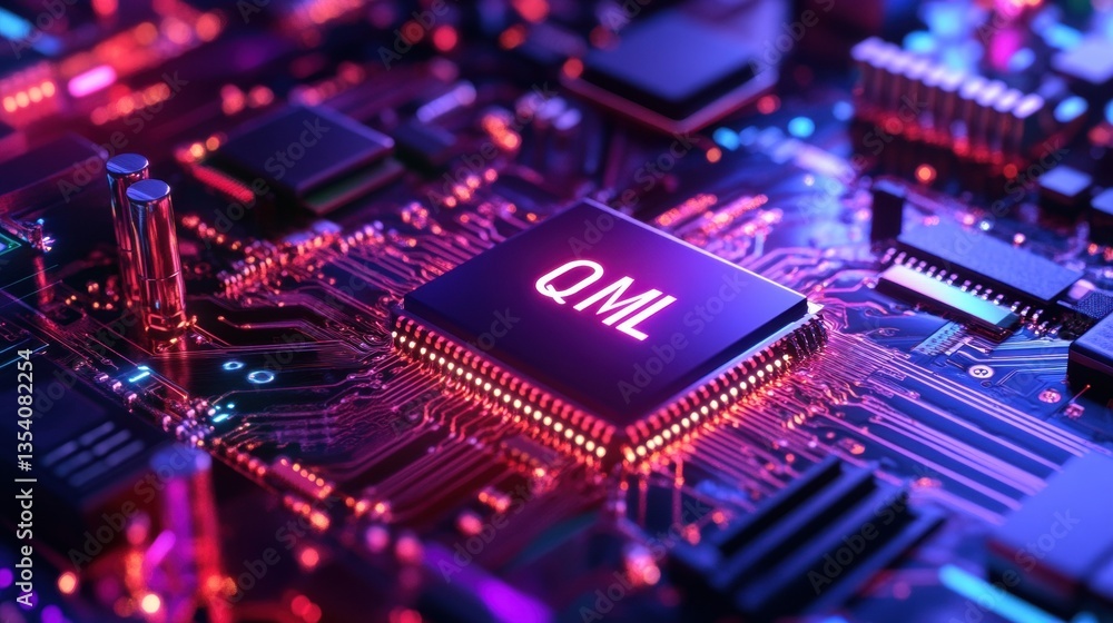 Poster quantum computer technology with qml highlight in circuit board design