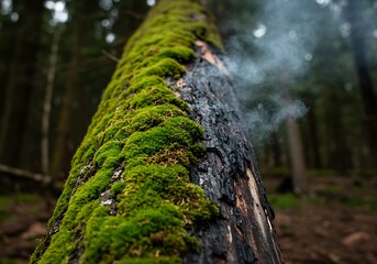 Naklejka premium Moss Covered Burnt Tree Log with Smoke in Forest Environment