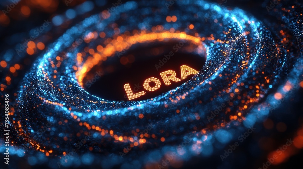 Poster digital swirling vortex with lora at its core in vibrant colors