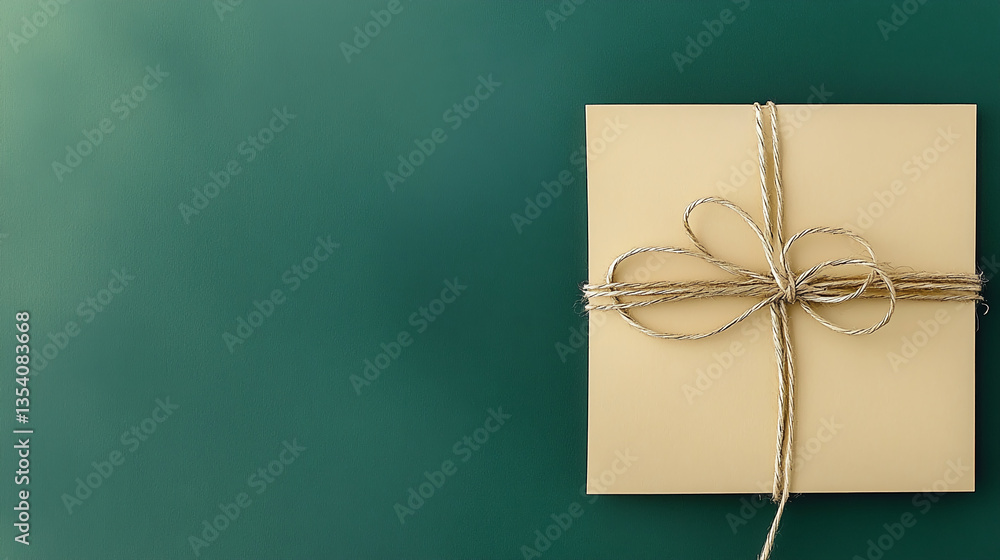 Poster beige square package tied with twine on dark green background, showcasing simple elegance and minima