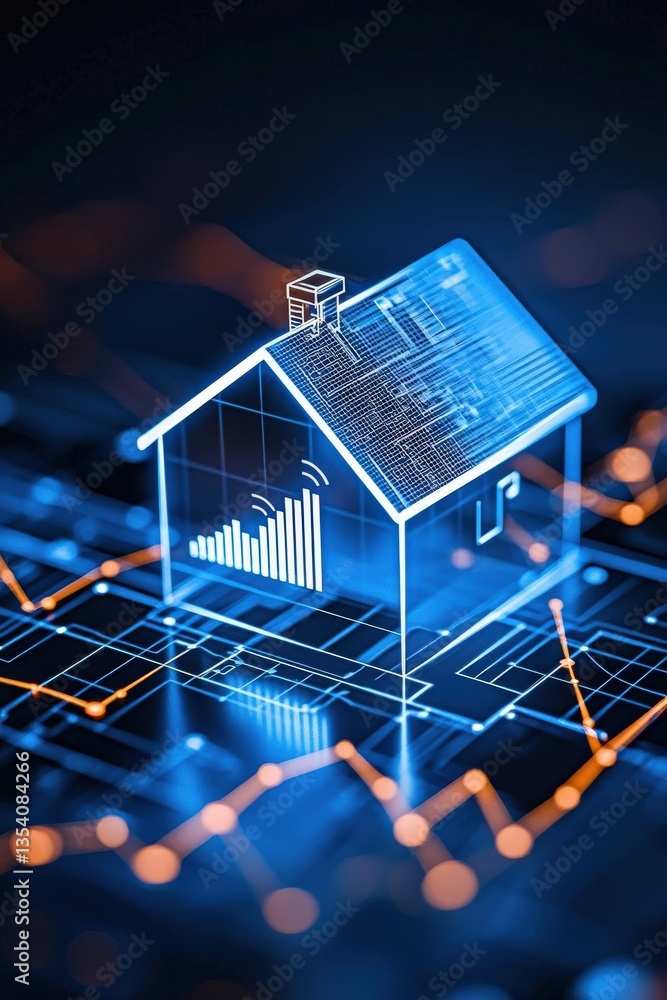 Poster a house with a built-in financial dashboard displaying market value.