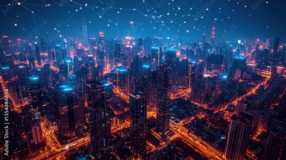 Poster urban landscape with network connections for real-time data processing