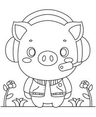 Coloring book Hip pig with headphones and mic. Cool line art for coloring fun