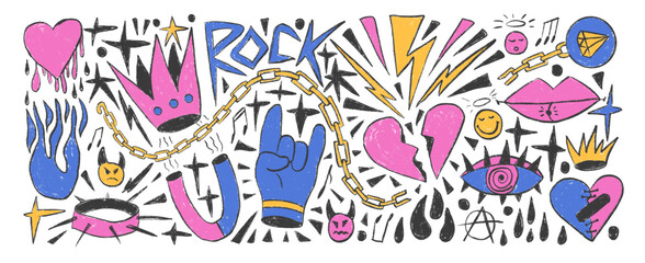 Rock and roll girly crayon drawn set. Punk coquette breaking heart doodle background. Scribble grunge poster elements. Broken heart, crown and sketch stars. Vector illustration by pencil isolated.