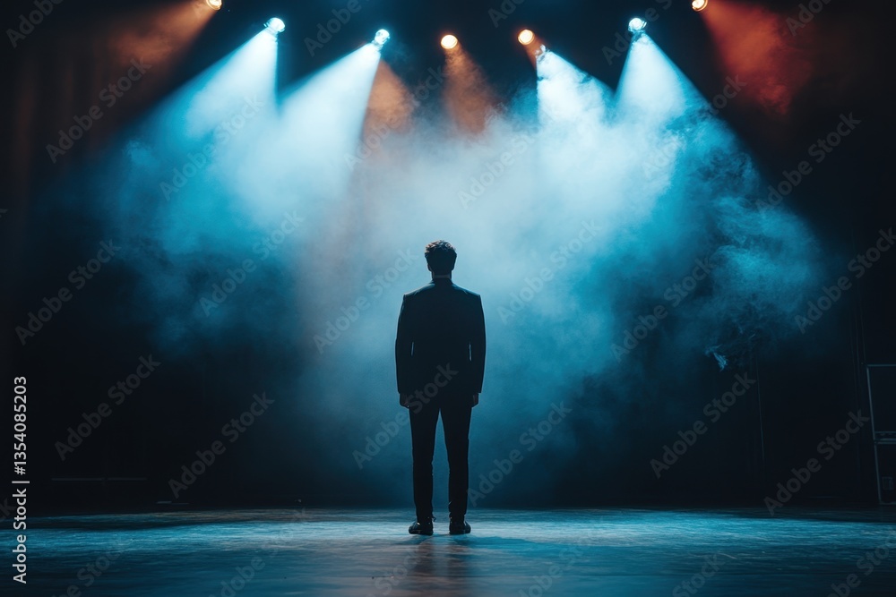Poster performance under spotlight with a figure on stage and illuminated background