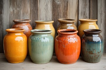 Eight assorted, brightly glazed ceramic pots sit on weathered wooden planks. Use this image for home decor, rustic, or pottery themed designs.