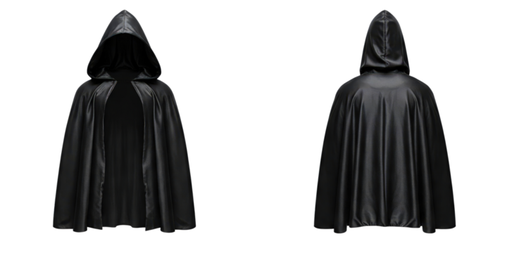 Black Cape hoodie, halloween costume, with Hood, Isolated on Transparent Background, graphic resource for scary, spookie activities, november celebration
