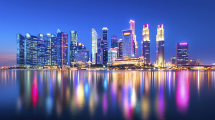 Obraz premium vibrant city skyline at dusk, showcasing illuminated skyscrapers reflecting on water, creating stunning urban landscape