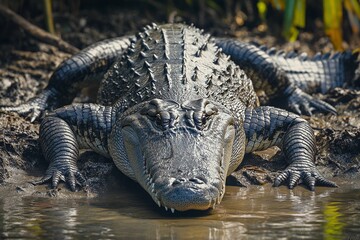 Majestic Crocodile Basking in the Sun Along the Riverbank at Sunset. Generative AI