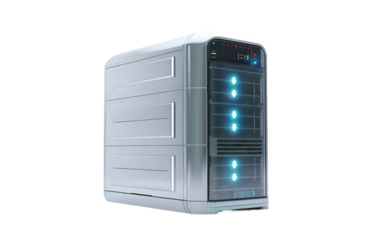 Modern data server rack with blue LED lights for cloud computing