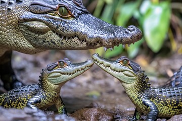Obraz premium Crocodile Family Bonding in Lush Greenery by the Water's Edge. Generative AI