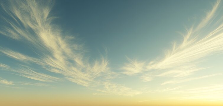 A scenic view of a pastel colored sky with wispy cirrus clouds at golden hour light
