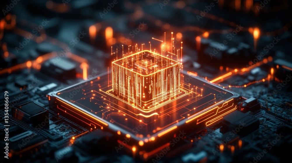 Poster close-up of a glowing orange cpu on a dark computer motherboard with intricate circuitry illustratin