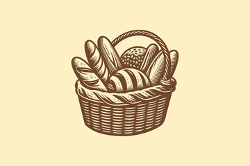 Vintage engraving-style icon of a basket filled with assorted bread