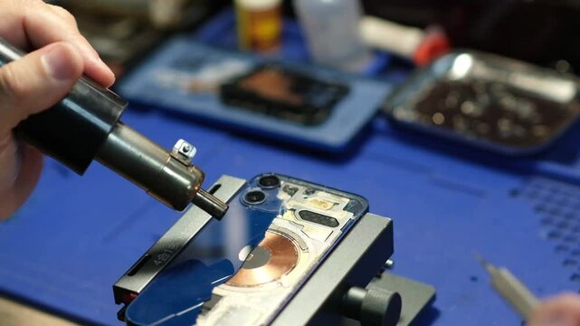 Smartphone repair in the service, replacement of the rear window.