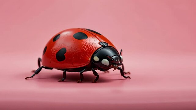 Vibrant Red Ladybug With Black Spots Crawling Against a Pink Background Detailed Macro Shot of the Insect
