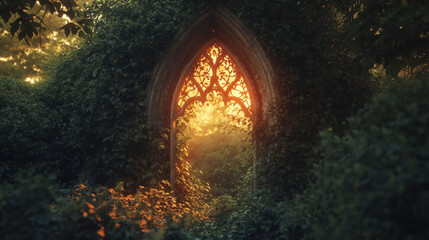 A majestic pointed arch with an elaborate filigree window, illuminated by golden hour sunlight. The warm glow contrasts with the cool shadows, creating an ethereal yet realistic ambiance