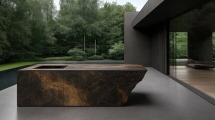 Modern outdoor kitchen with a dramatic, textured countertop