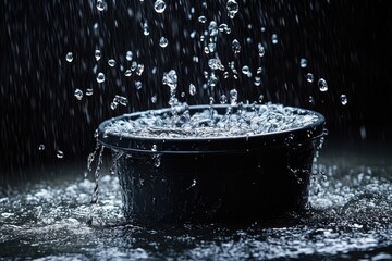 Rain fills a black bucket with splashing water droplets, dark background. Use for concepts like leaks, flooding, or the beauty of nature.