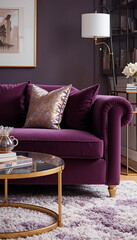 "My home boasts a velvet sofa in deep plum, paired with a gold-accented coffee table and a plush area rug. The rich color and luxurious texture make the space feel cozy and sophisticated."
