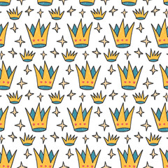 Crown crayon seamless pattern. Queen symbol marker endless background. Royal sing repeat cover. Crayon tiara continuous ornament. Surface pattern design king motif Vector hand drawn illustration.