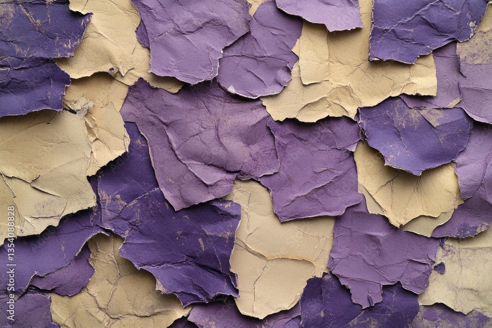 Poster abstract texture of torn purple and beige paper layers, creating a unique visual depth and rich colo