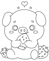 Coloring book Pig enjoying strawberries A sweet coloring page for kids, perfect for a food